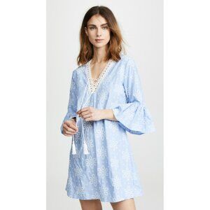 Shoshanna Daisy Embroidered Dress Eyelet Lace Up‎ Bell Sleeve Boho Blue Medium